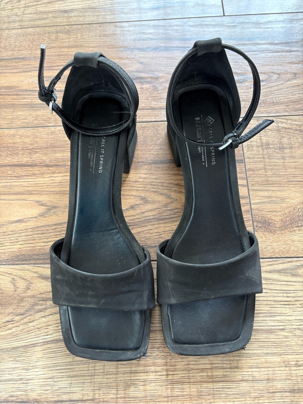 Call It Spring Black Square-Toe Ankle Strap Block Heels